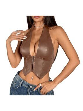 Faux Leather Halter Crop Top V Neck Lace Up Backless Bustier Clubwear